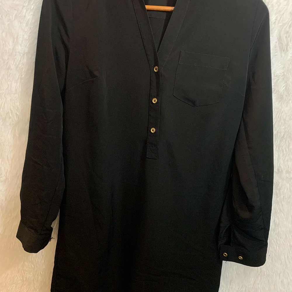 Women's Shirt Dress Role Up Long  Sleeve Pockets, ￼ Shirtdress Black M - Picture 8 of 8